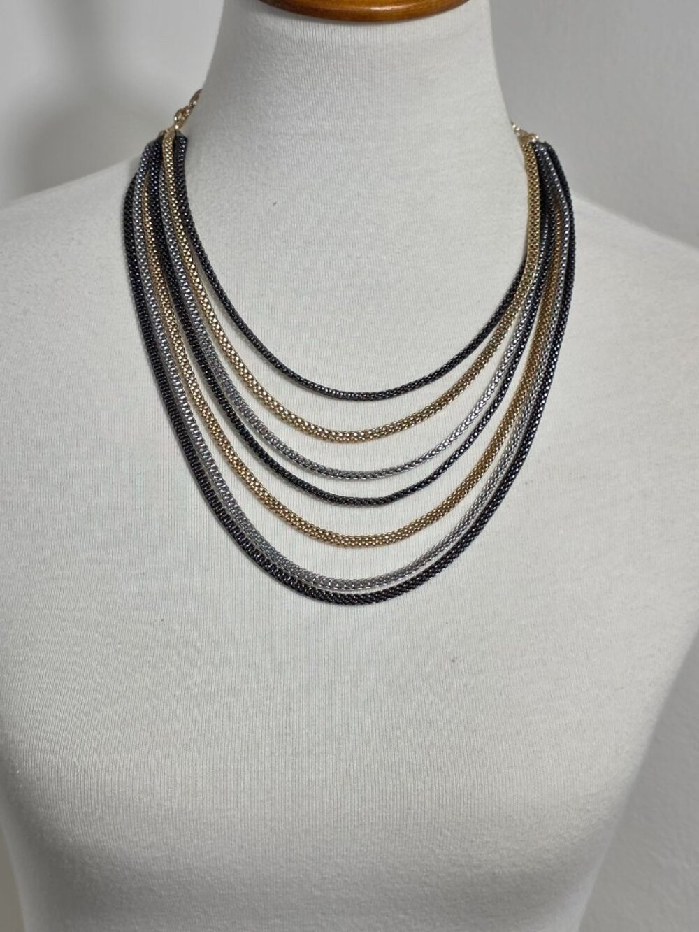 The Limited Multistrand Statement Necklace Gold, Silver & Gunmetal Mesh Chains